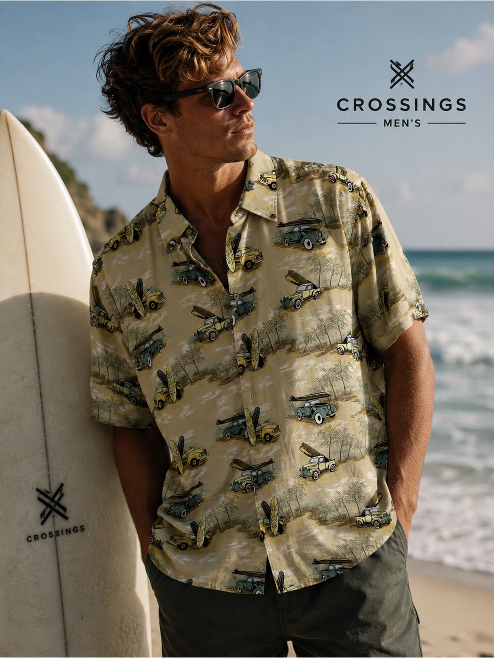 Crossings‎ vintage Tan Surf-cars print Short Sleeve Shirt 100% COTTON